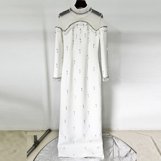 Heavy-duty Pearl Bead And Diamond-embellished Mesh-panel Long Dress