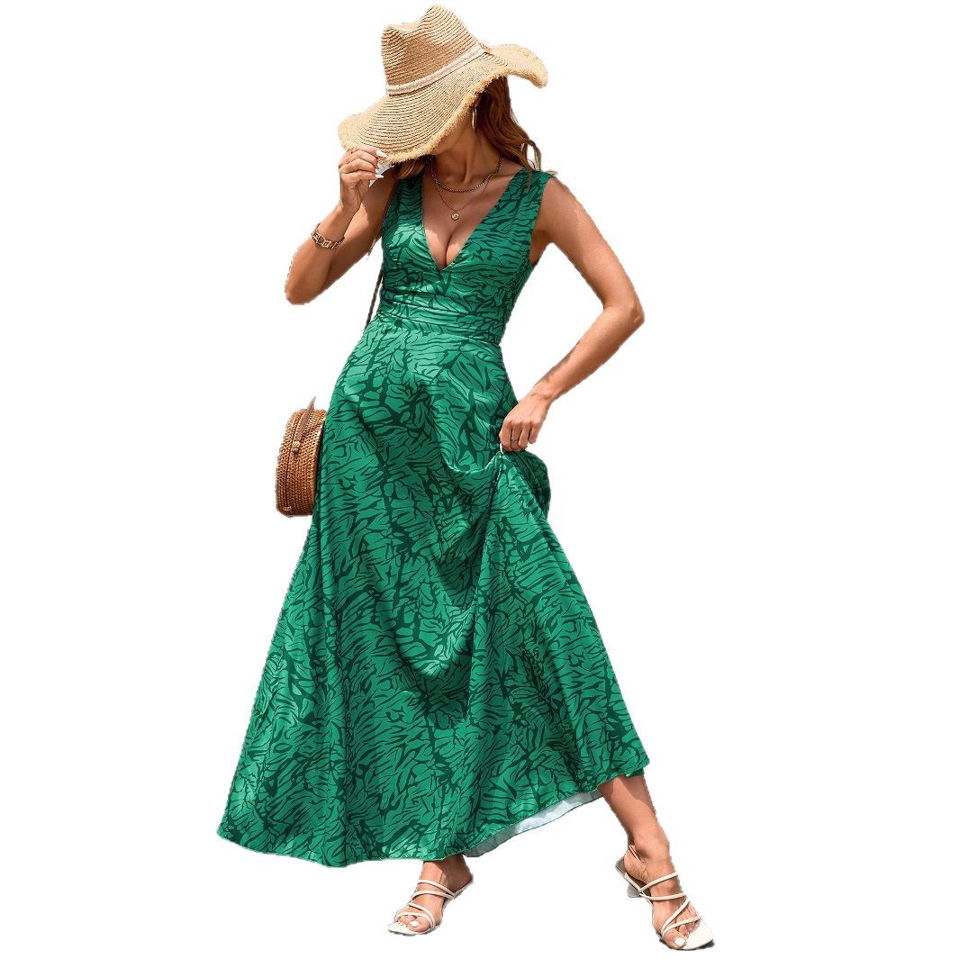 Green New Arrival Sexy Resort-Style Printed Slip Maxi Dress