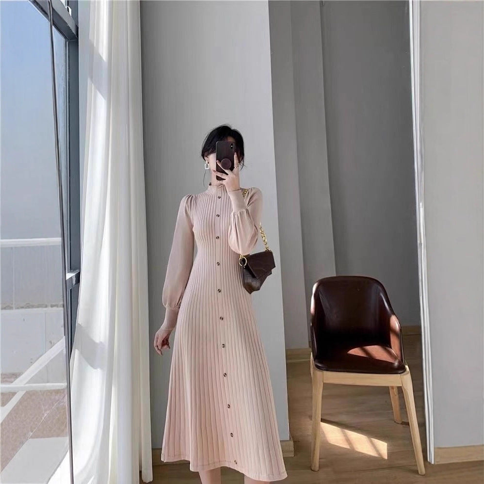 AutumnWinter Knitted Mock Neck Long Sleeve Dress