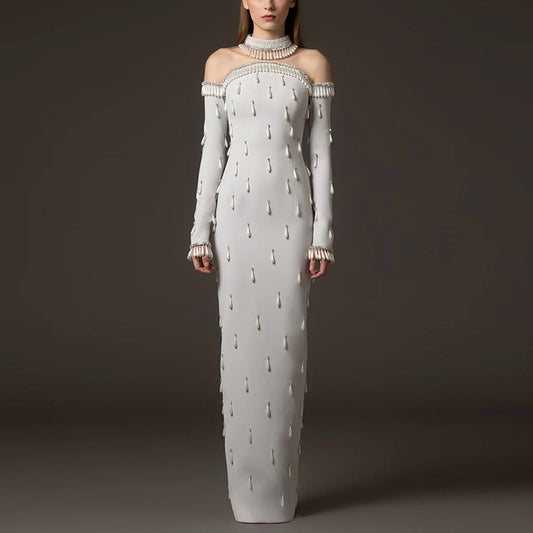 Heavy-duty Pearl Bead And Diamond-embellished Mesh-panel Long Dress