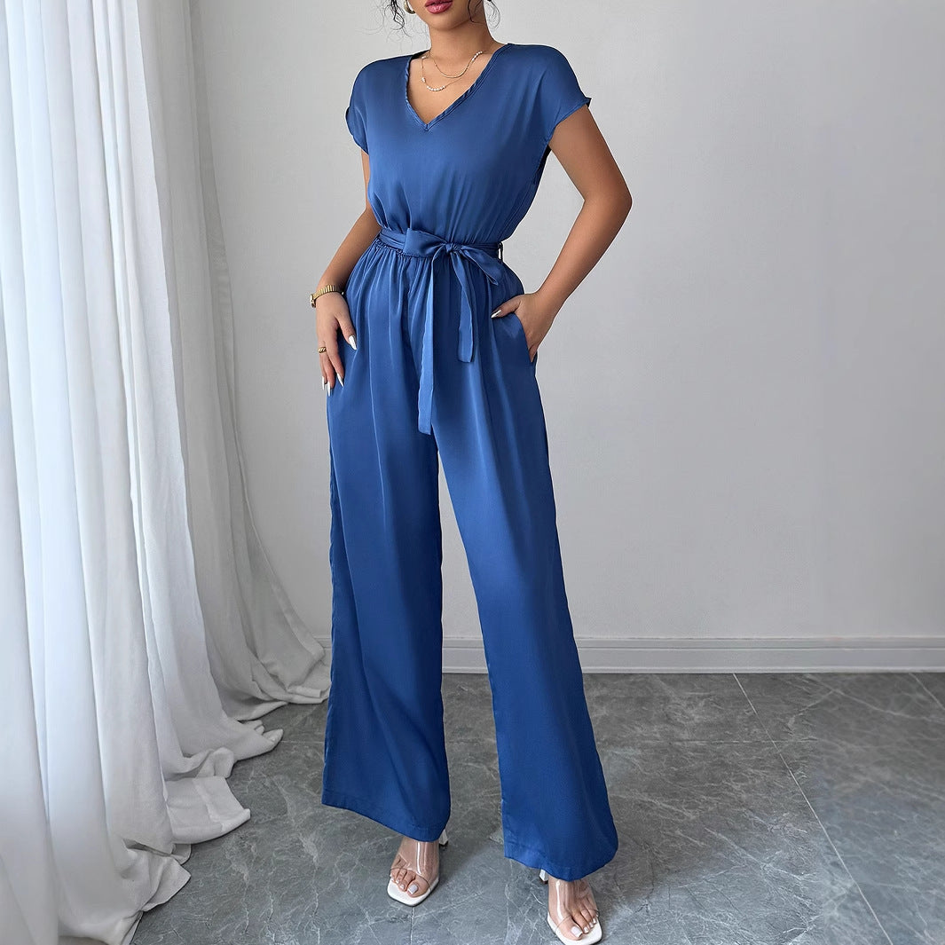 Fashion Wind Deep V High-waisted Wide-leg Jumpsuit Women's Clothing