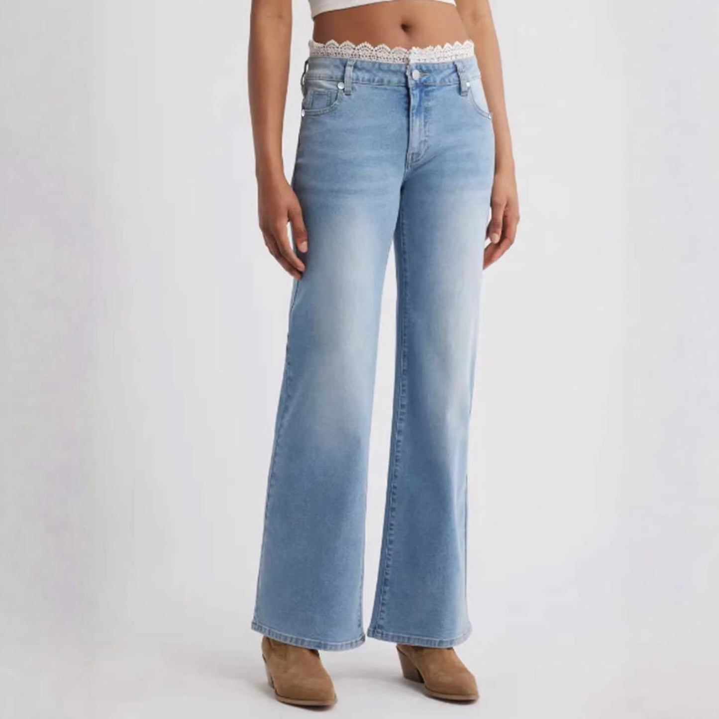 Womens Stylish Lace-trimmed Stretch Denim Jeans