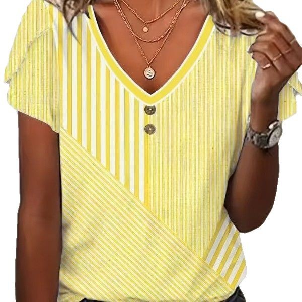 Women's Striped Button-up Short Sleeve Top