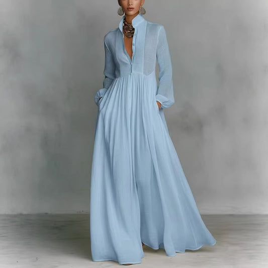 French-style Long-sleeve Pleated Dress For Women